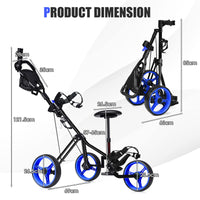 3-Wheel Folding Golf Push Cart, Multifunctional Push Pull Golf Trolley with Adjustable Handle