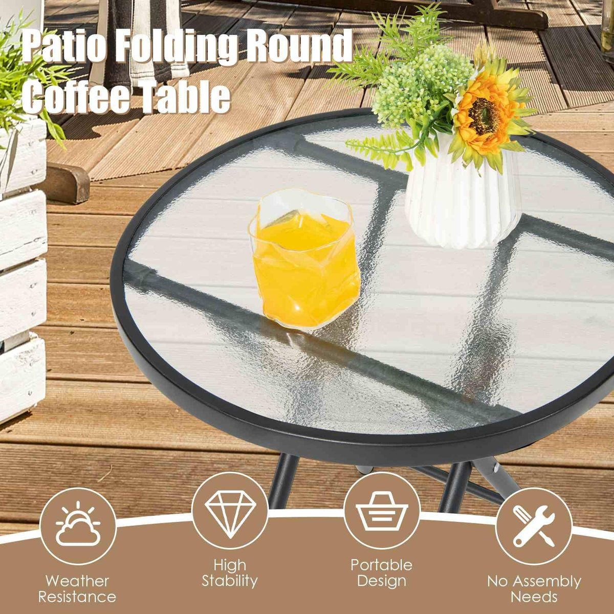 Foldable Outdoor Bistro Table, 46 cm Tempered Glass Coffee Table, Portable Patio Dining Table Side Table