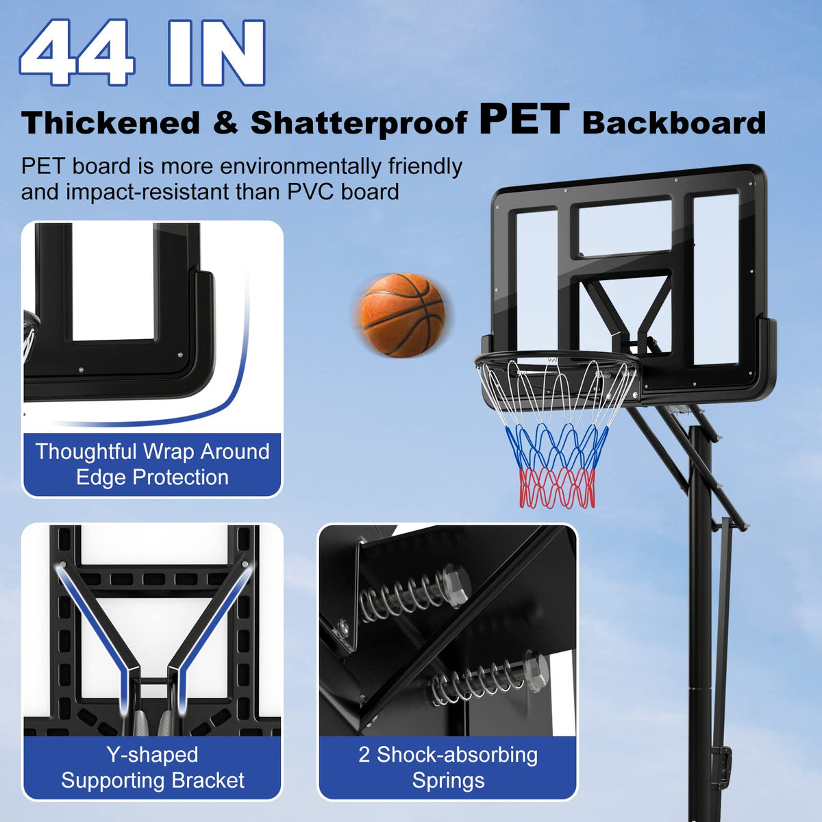 Basketball Hoop Stand 8-10FT/2.45-3.05m（Floor to Ring）Height Adjustable Basketball Hoop System w/ 44" Backboard