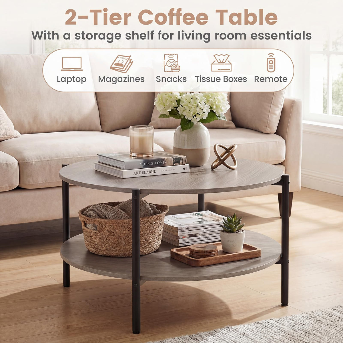 Giantex Round 2-Tier Industrial Coffee Table with Open Storage Shelf