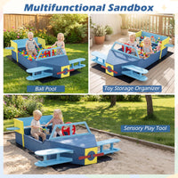Glider-Shape Kids Sandpit, Large Wooden Outdoor Sand Box w/Bench Seat, Propeller, Rotatable Rudder and Side Wings
