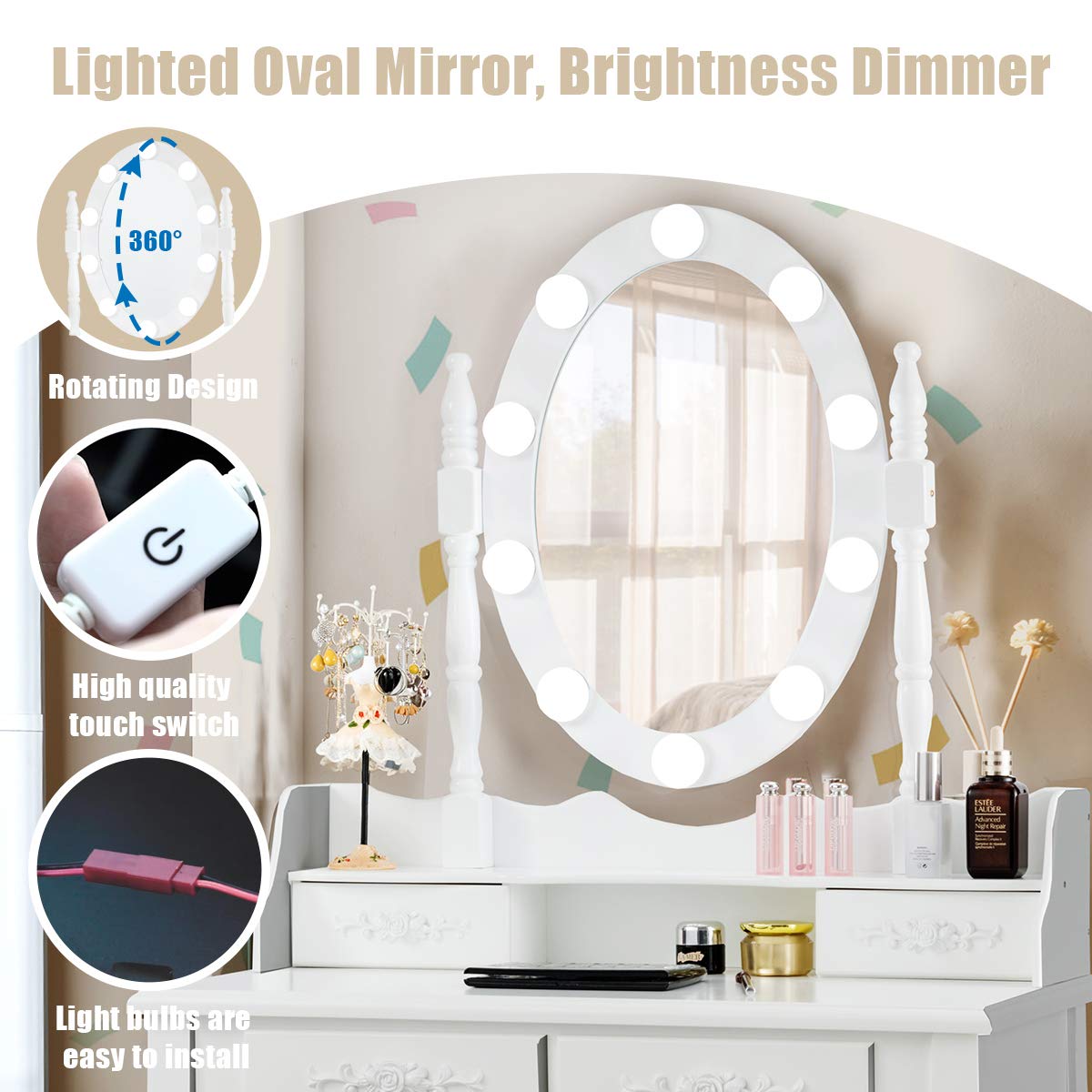 Dressing Table Stool Set, LED Vanity Makeup Table Desk