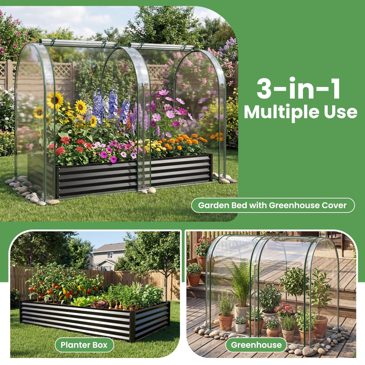 180x90x30cm Galvanized Raised Garden Bed with Greenhouse Cover