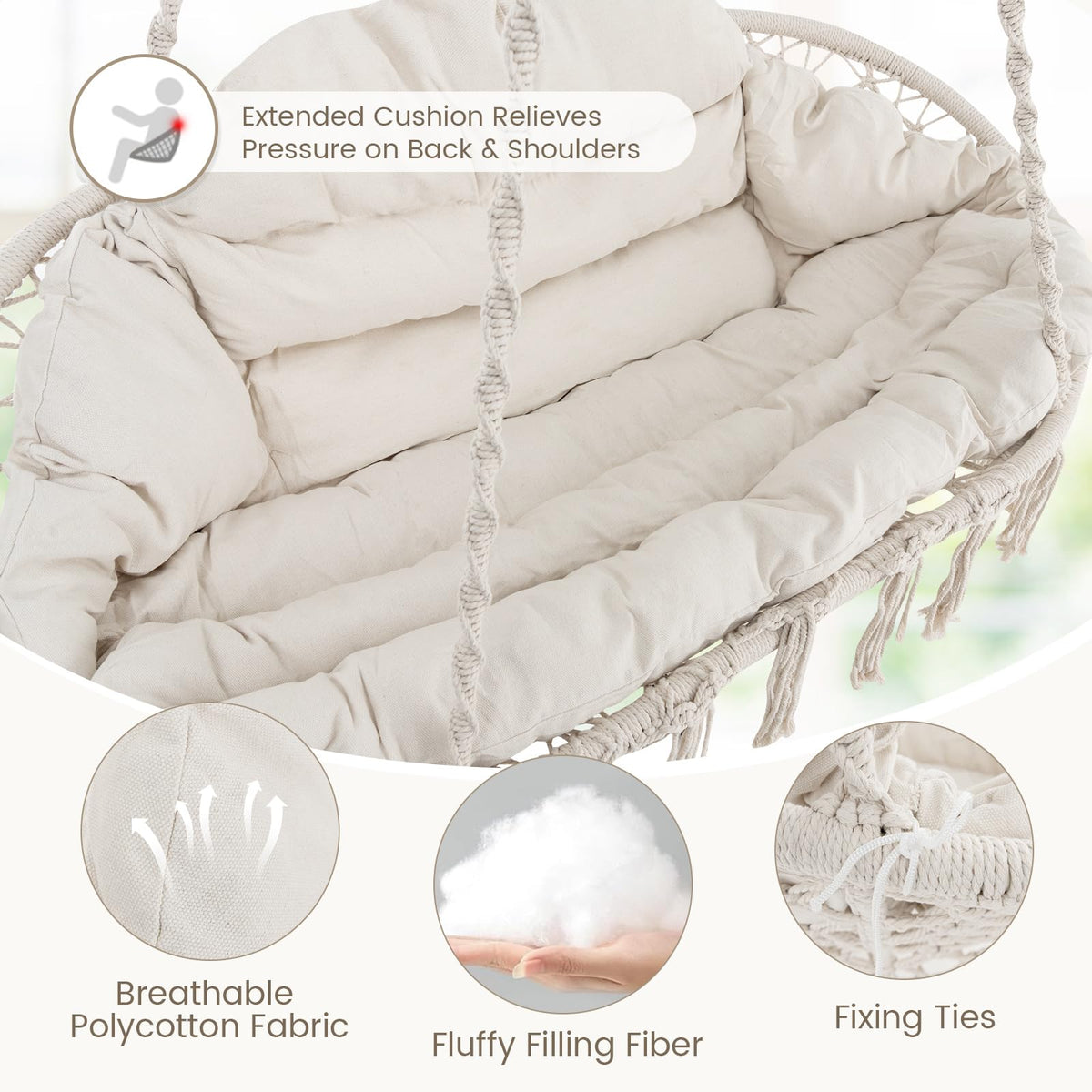 Hand-Woven Rope Hanging Swing Chair with Thick Cushion and Folding Metal Frame