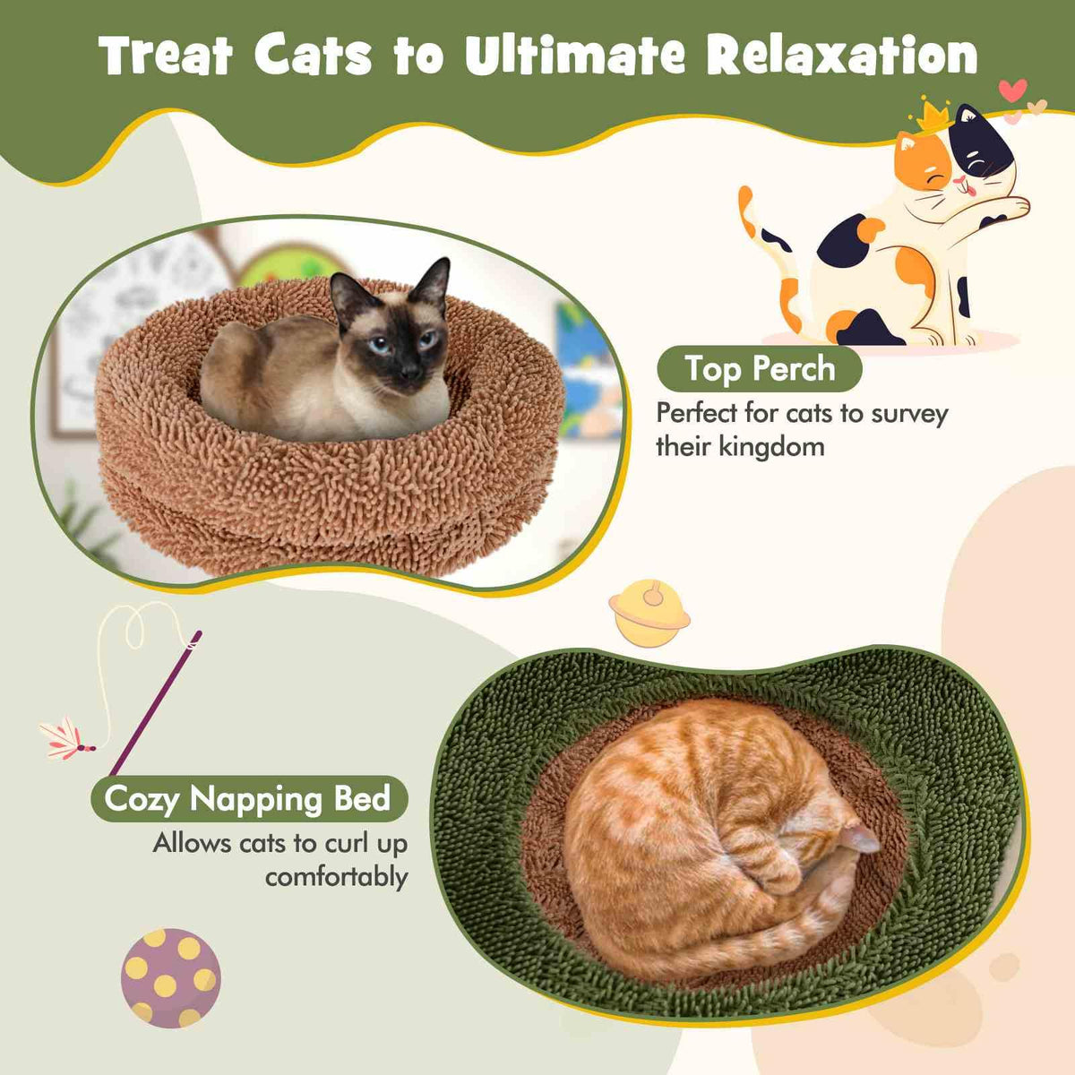 1.5m Multi-Level Cat Tree for Indoor Cats, Cute Cat Tower