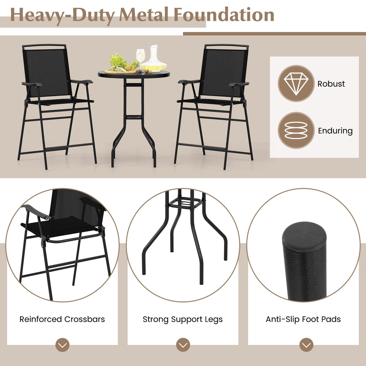 3 PCS Outdoor Bar Stool Set, Bistro Furniture with DPC Tabletop