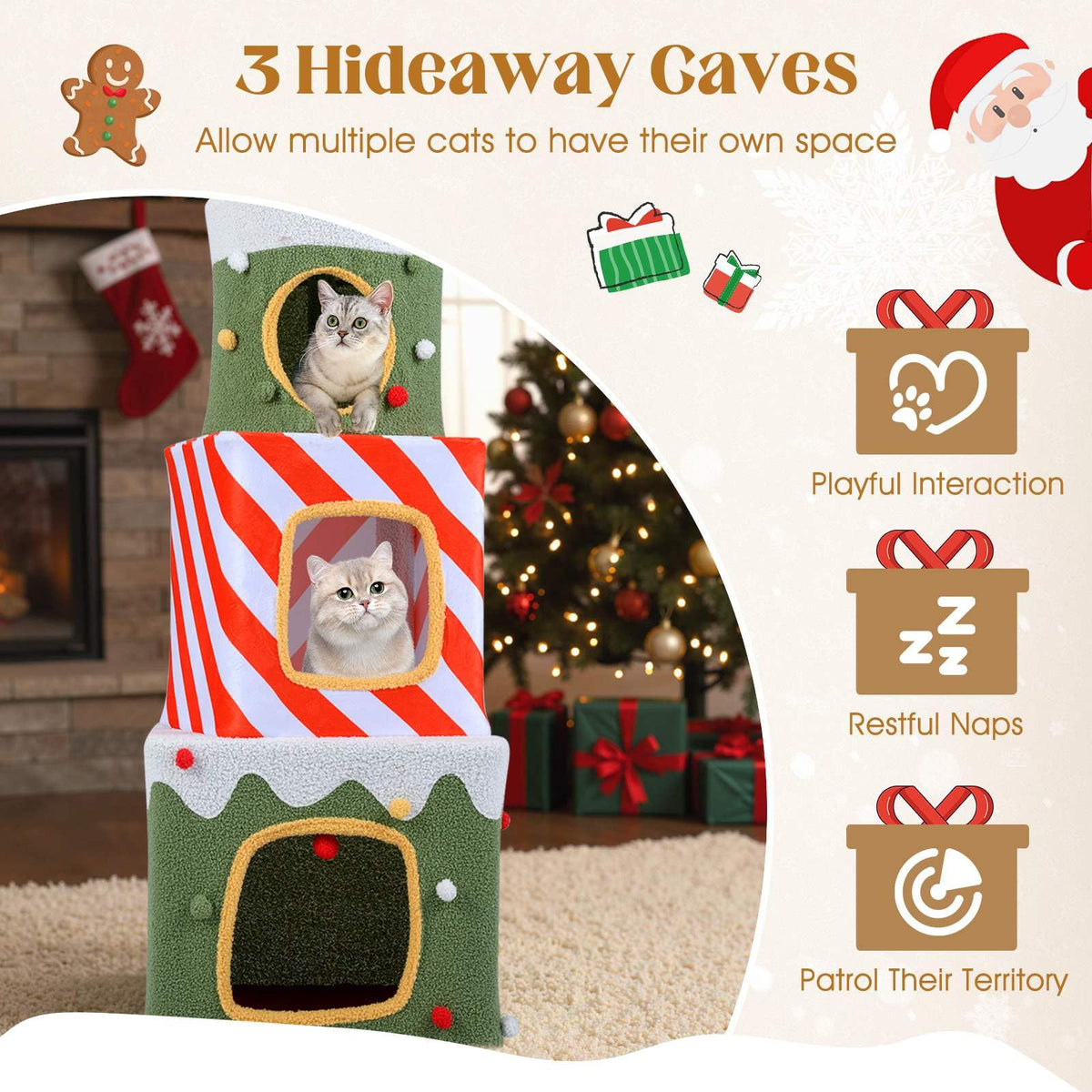Stackable Cat Tree 120 cm Christmas Cat Tree Stackable with 3 Condos and Dangling Ball ...