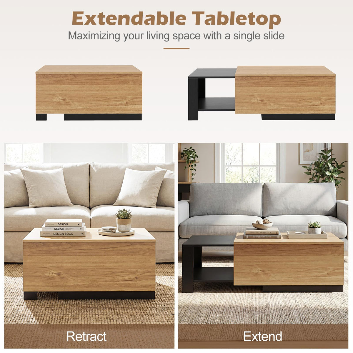 Extendable Coffee Table with 2 Storage Compartments Dual-Tone Center Table