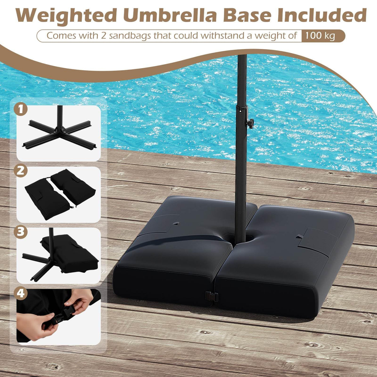 3m Solar Offset Hanging Umbrella with Base, Patio Cantilever Umbrella