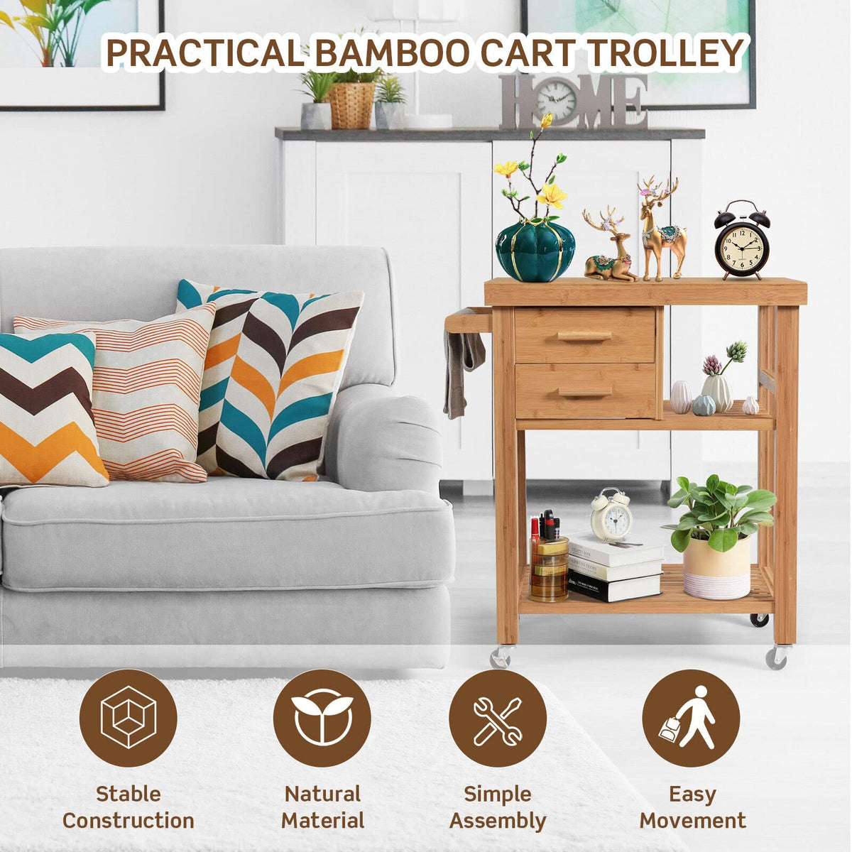 Giantex Rolling Bamboo Kitchen Island Cart, Kitchen Trolley Cart w/ Drawers & Shelves, Multi-Purpose Serving Cart