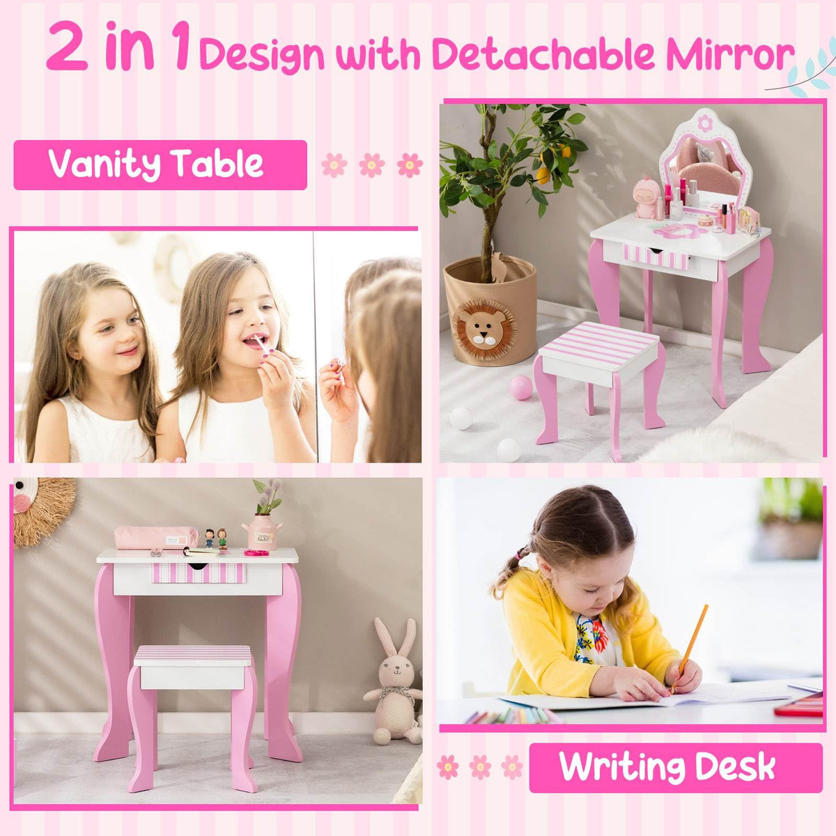 Kids Vanity Table & Stool Set, Wooden Princess Makeup Dressing Table with Detachable Top & Writing Desk