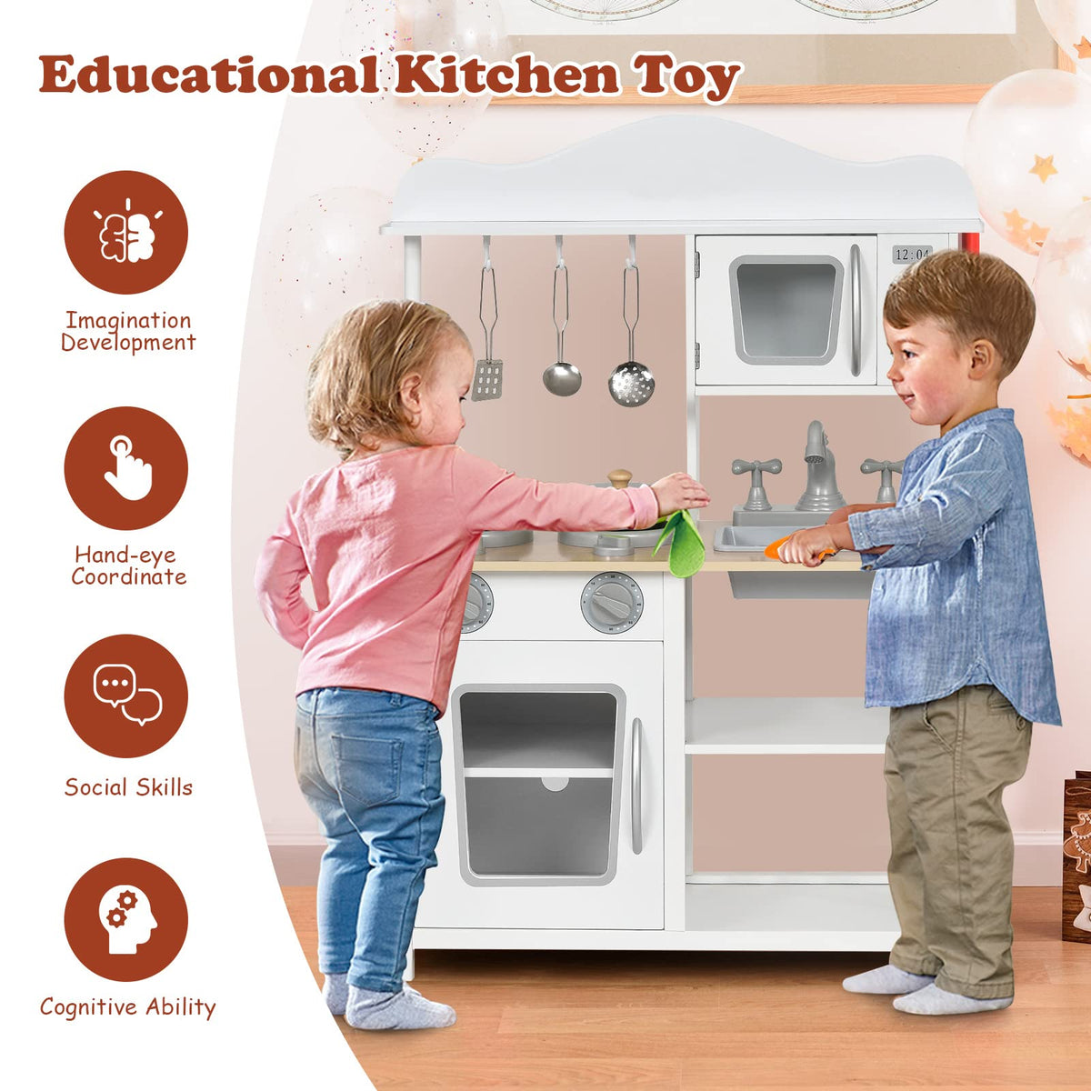 Kids Pretend Kitchen Play Set, Children Cooking Role Play Toy, w/ Sink, Oven, Microwave, Stove, Pots