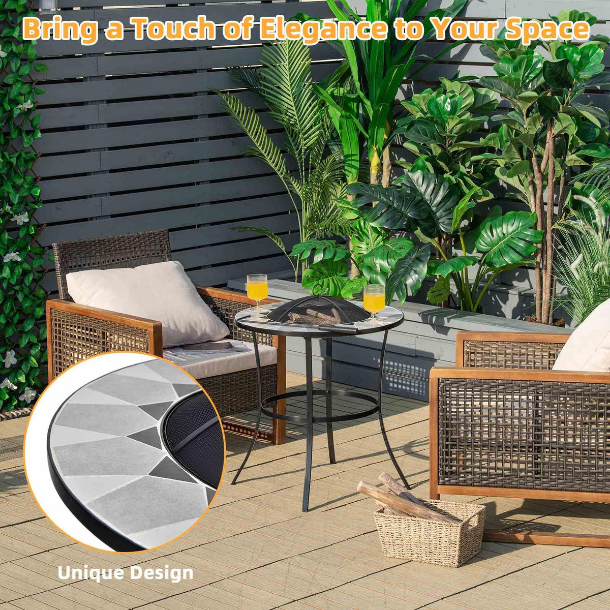 Outdoor Round Fire Pit Table with Mesh Screen Lid and Fire Poker