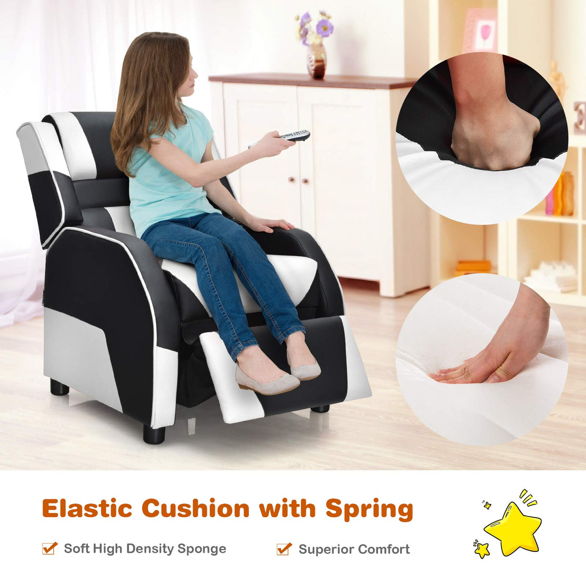 Kids Recliner Chair, Adjustable Recliner Sofa w/Footrest, Headrest & Lumbar Support, w/ Padded Seat, White & Black