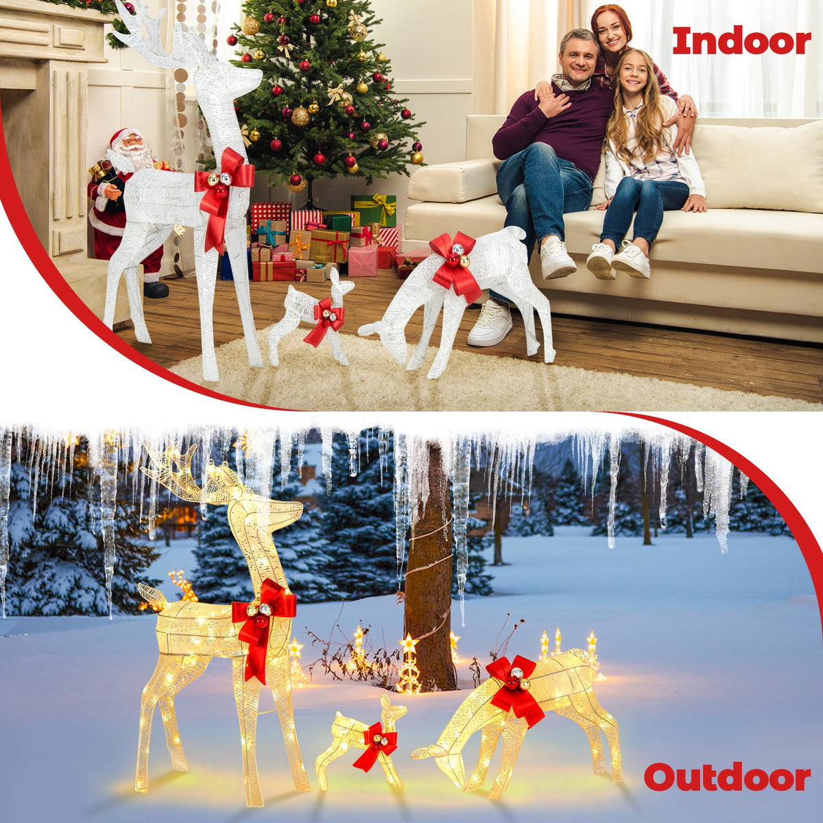 3 Pieces Lighted Reindeer Family Set, Pre-lit Christmas Decoration w/ 230 LED Lights, Stakes