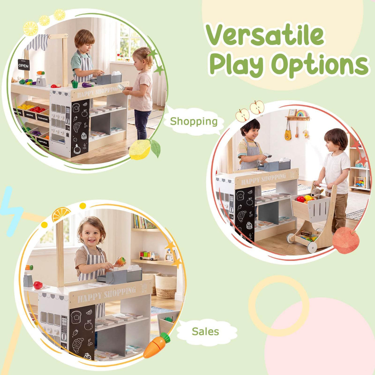 Kids Grocery Store Playset, Wooden Pretend Play Supermarket