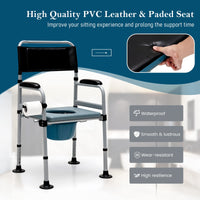 Folding Bedside Commode Chair Height Adjustable with Padded Seat and Backrest