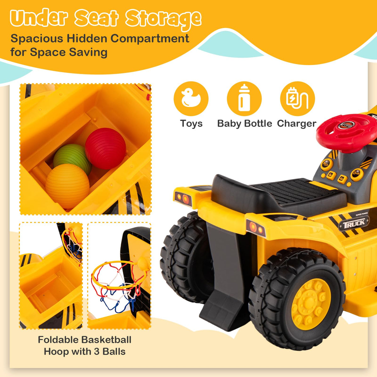 Kids Ride on Excavator, 6V Kids Electric Construction Vehicle w/Controllable Digging Bucket