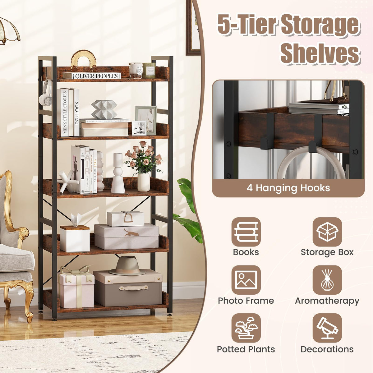 5-Tier Bookshelf,Tall Industrial Bookcase w/Open Shelves & 4 Hooks