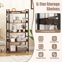 5-Tier Bookshelf,Tall Industrial Bookcase w/Open Shelves & 4 Hooks