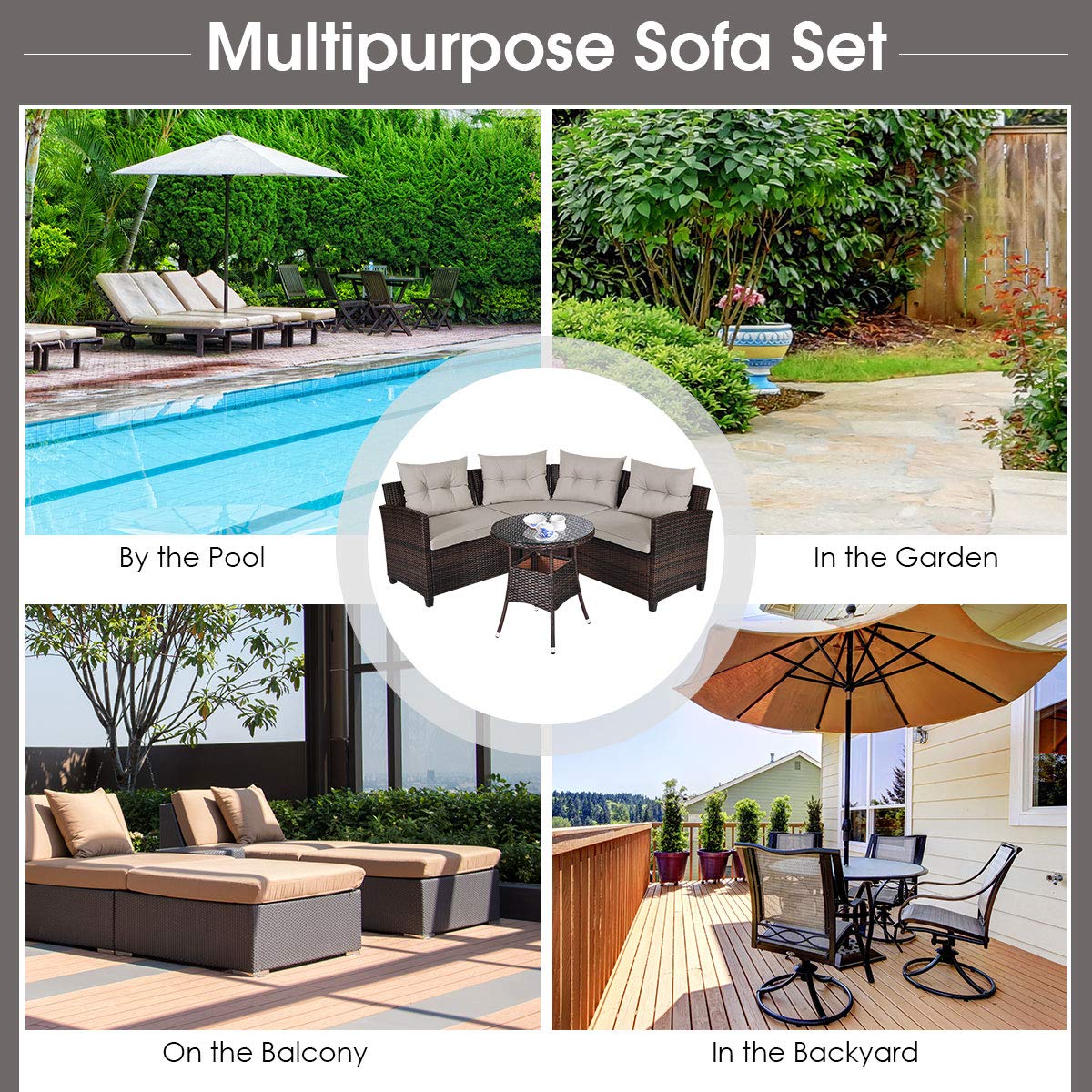 4-Piece Patio Furniture Set, Outdoor Rattan Wicker Sofa & Tempered Glass Coffee Table Set