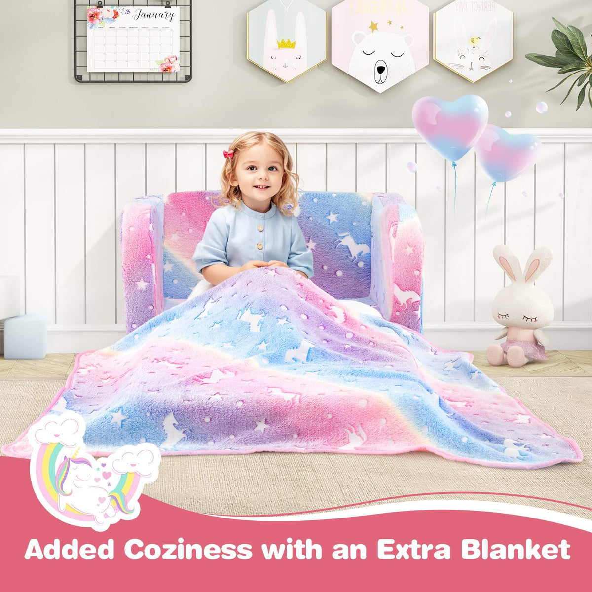 2-in-1 Folding Kids Couch with Blanket for 3+ Kids