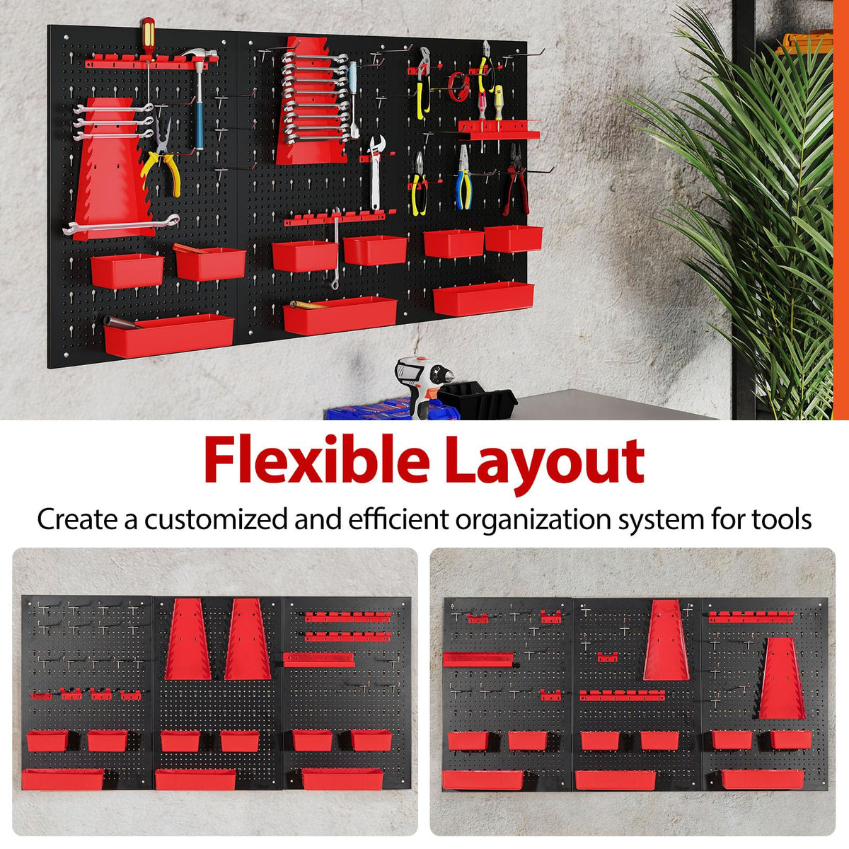 9-Bin Parts Rack Organizer with Tool Holders and Hooks