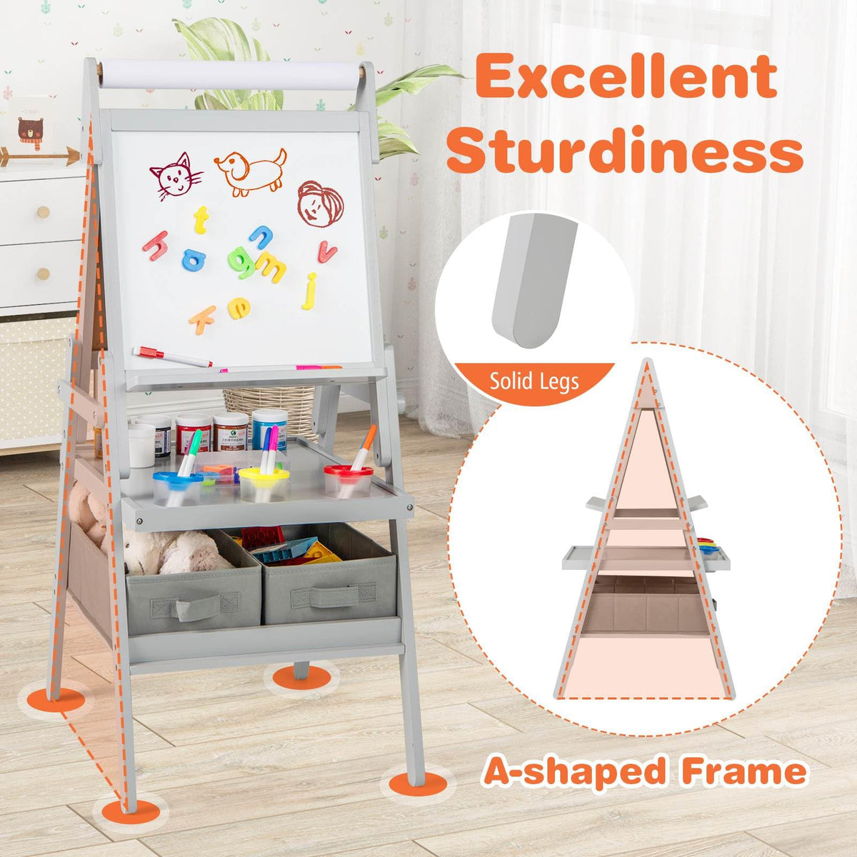 3-in-1 Kids Standing Double-sided Easel with Magnetic Chalkboard and Whiteboard