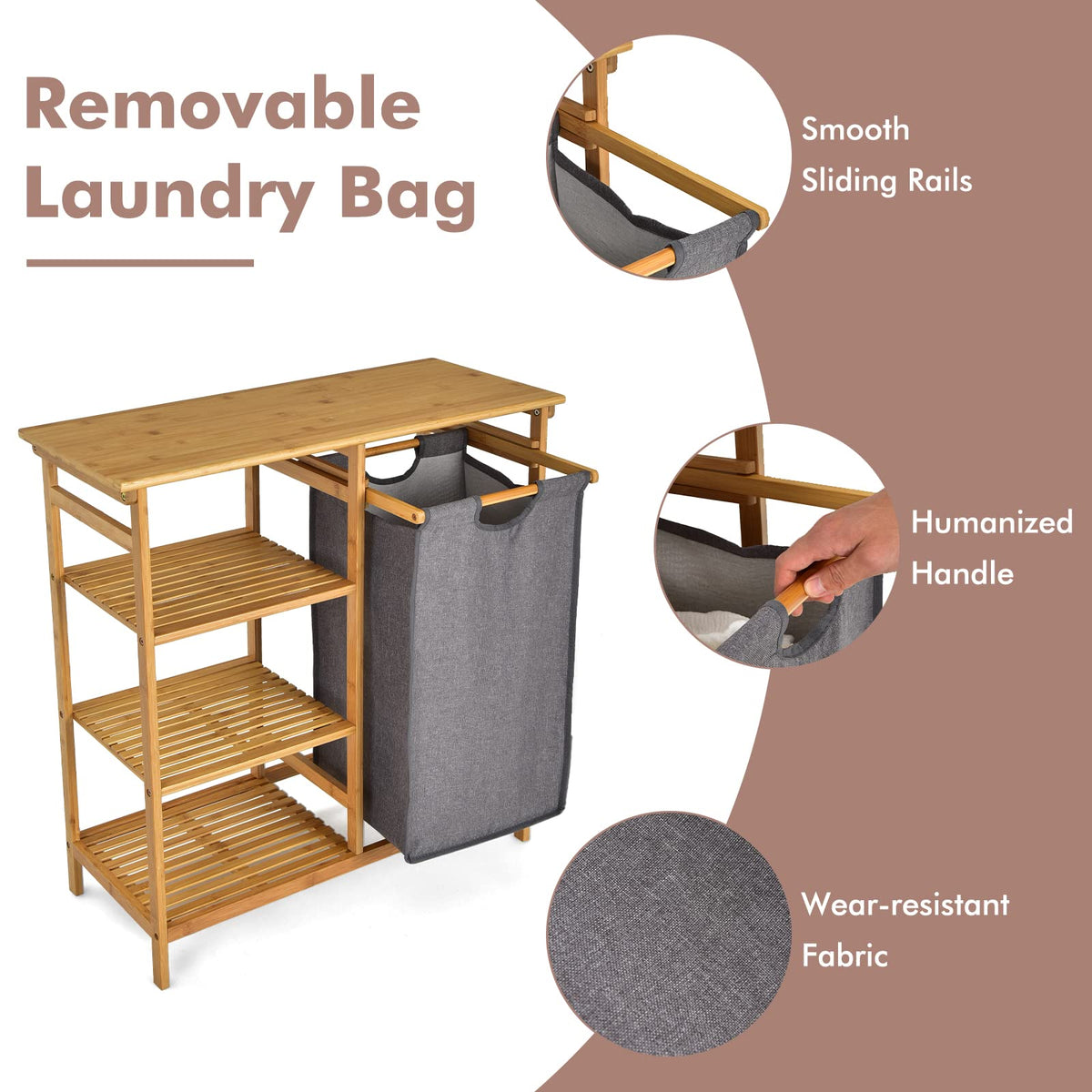 Giantex Bamboo Laundry Hamper Stand w/Sliding Bag & 3-Tier Open Shelves