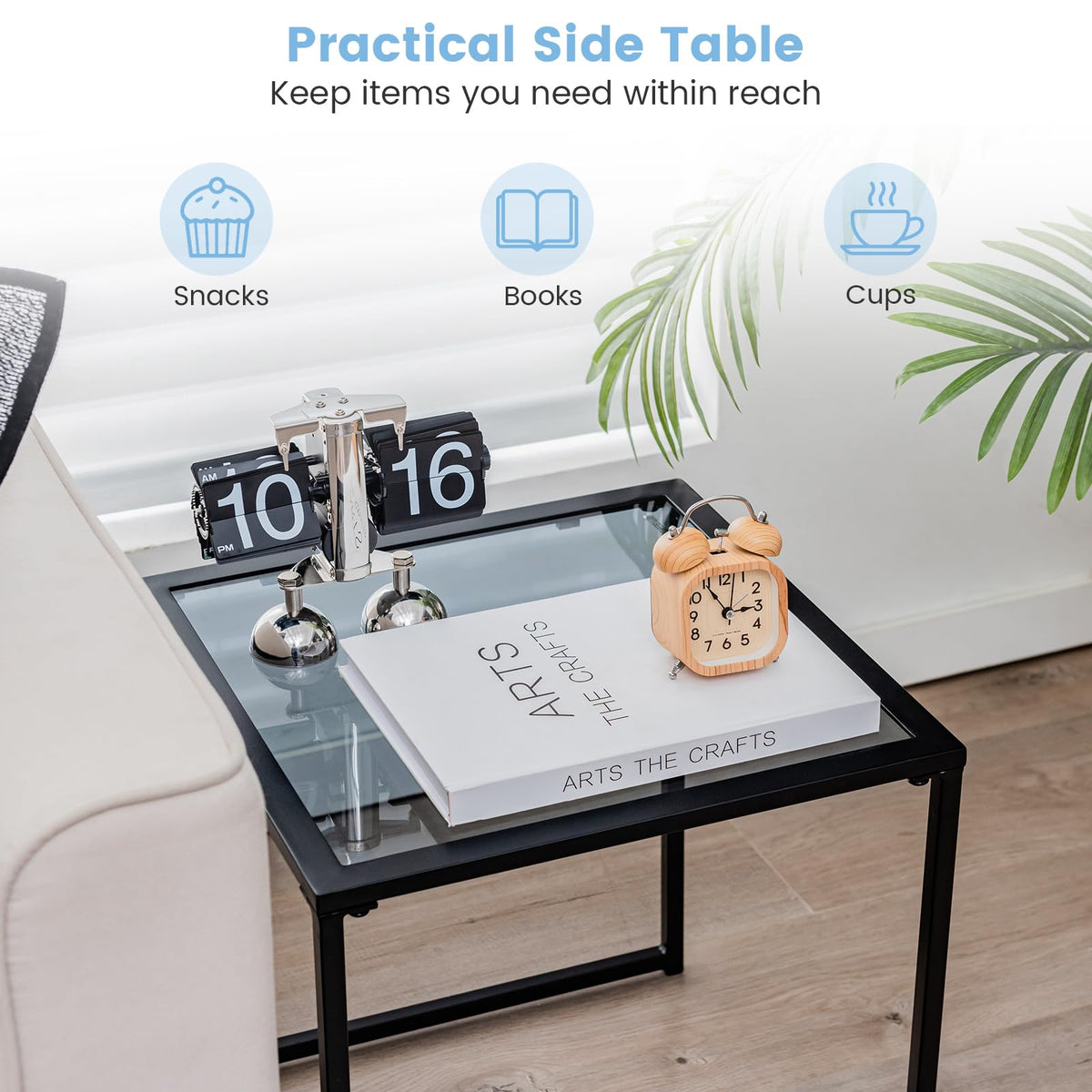 Patio Tempered Glass End Table with Metal Frame for Poolside