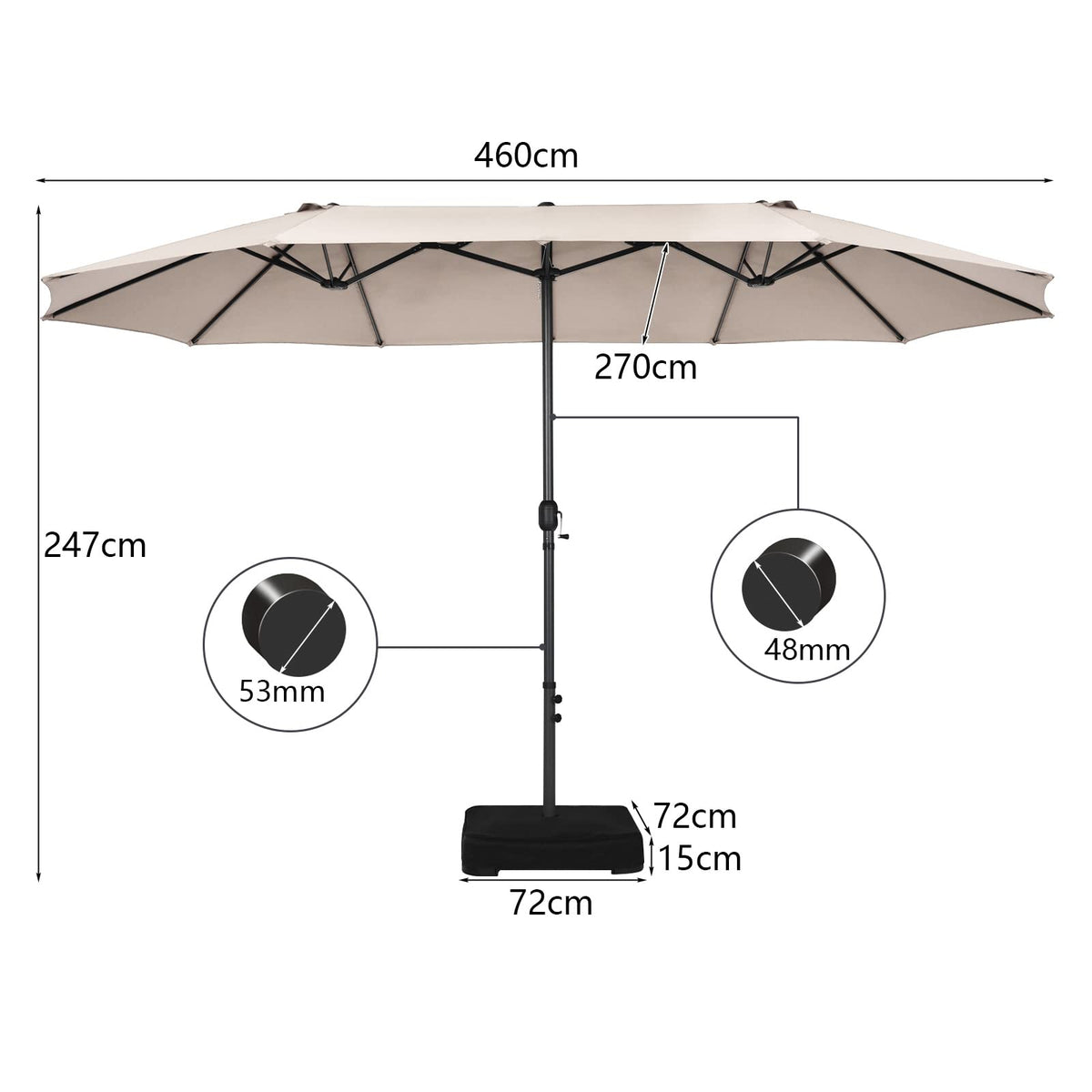 15FT Double-Sided Patio Umbrella, Ultra-Large Twin Garden Umbrella w/ 12-Rib Structure & Hand-Crank System