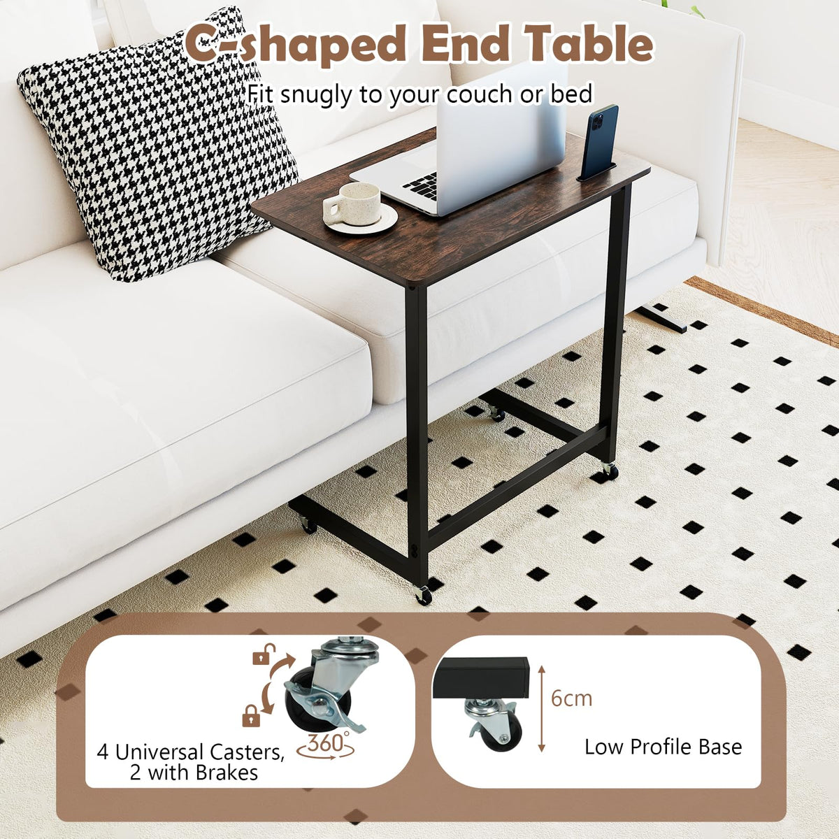 C-shaped End Table with Built-in Phone Slot and Low Profile Base Slide for Living Room Bedroom