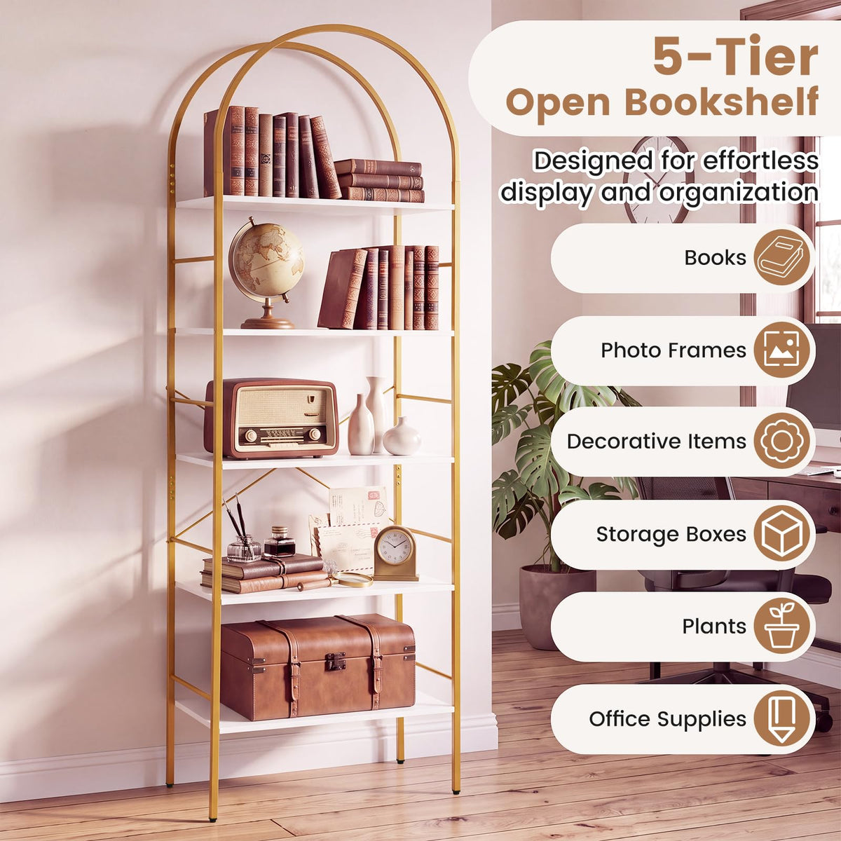 GIANTEX 5-Tier Arched Bookcase with Open Wooden Shelves