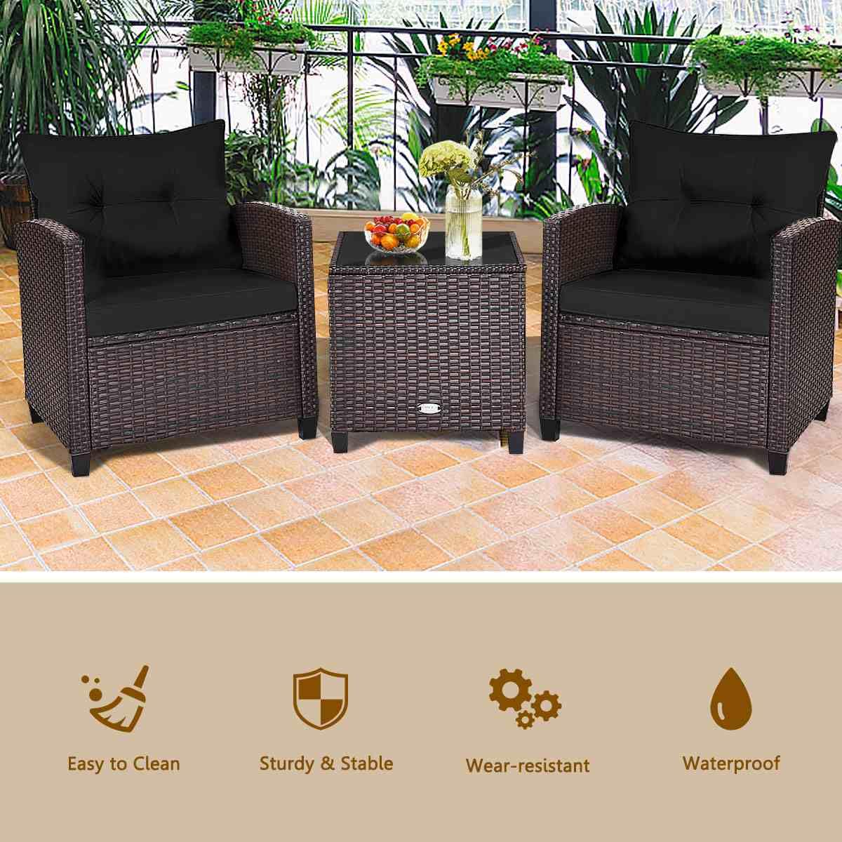 3 Pieces Patio Lounge Set, PE Rattan Wicker Outdoor Sofa Set w/Washable Cushion and Tempered Glass Tabletop