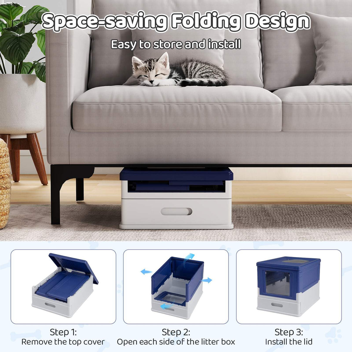 Foldable Cat Litter Box with Lid, Large Fully Enclosed Cat Toilet