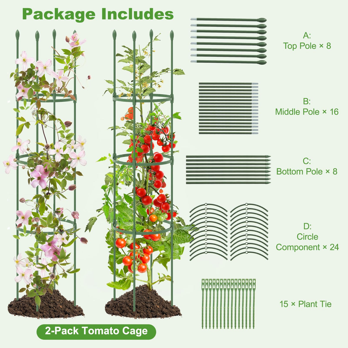2-Pack Garden Trellis, Heavy-Duty Tomato Cage w/Adjustable Height, 2-in-1 Plant Cage & Supports