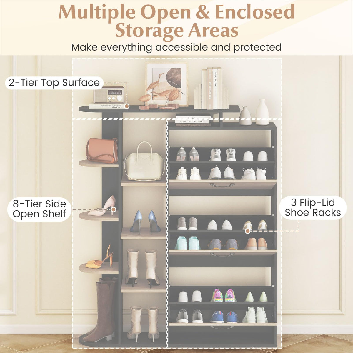 Shoe Storage Cabinet Freestanding Shoe Organizer with 3 Flip Drawers