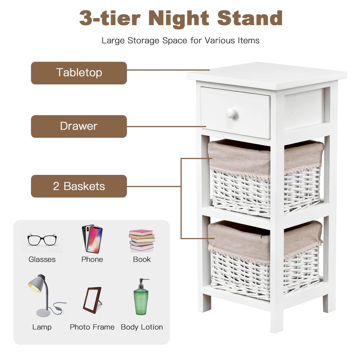 Giantex 3-Tier Bedside Table Paulownia Wood, Bedside Cabinet w/Wooden Drawer & 2 Basket Drawers