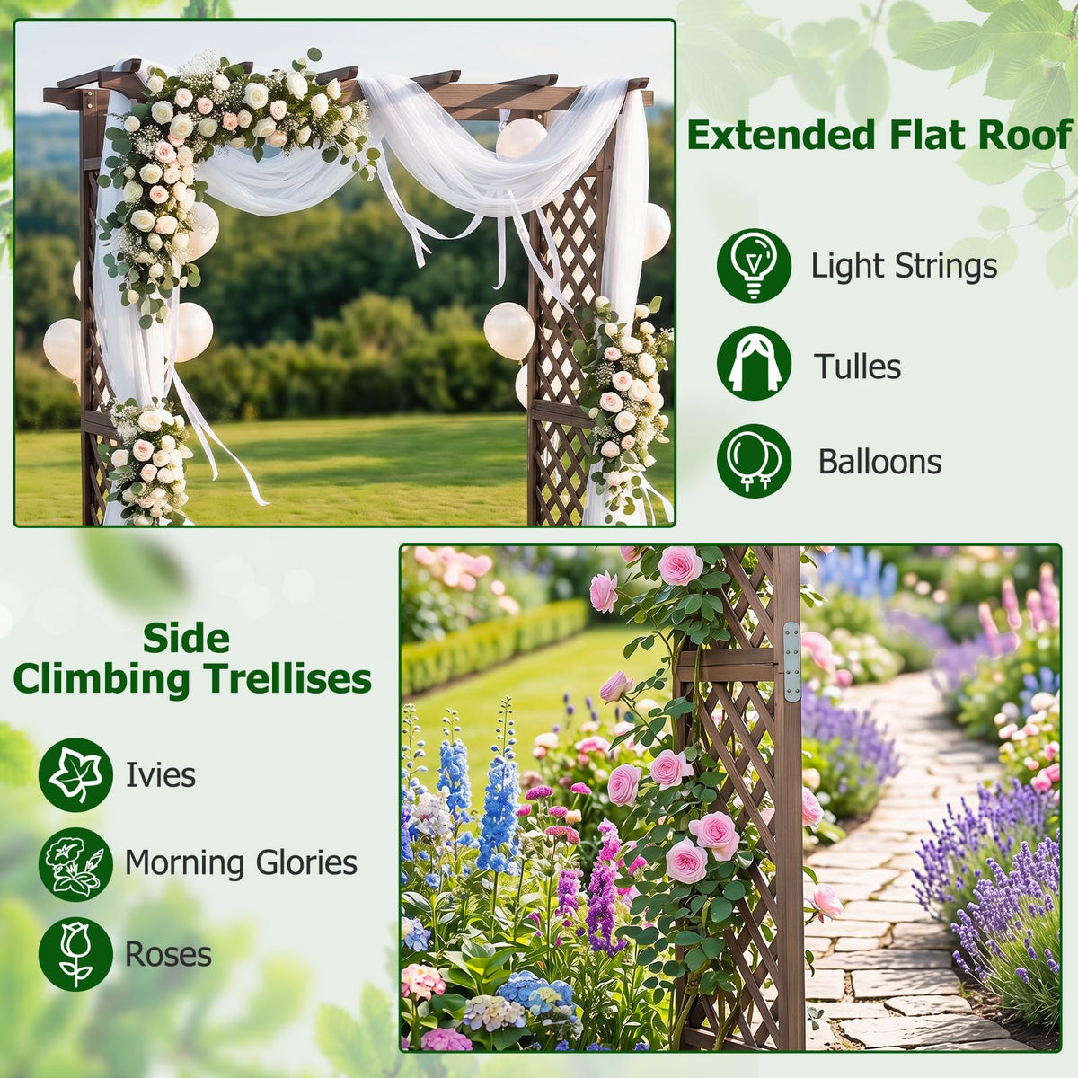 Flat Top Garden Arch Trellis 216cm Tall Wood Garden Archway Gate for Climbing Plants