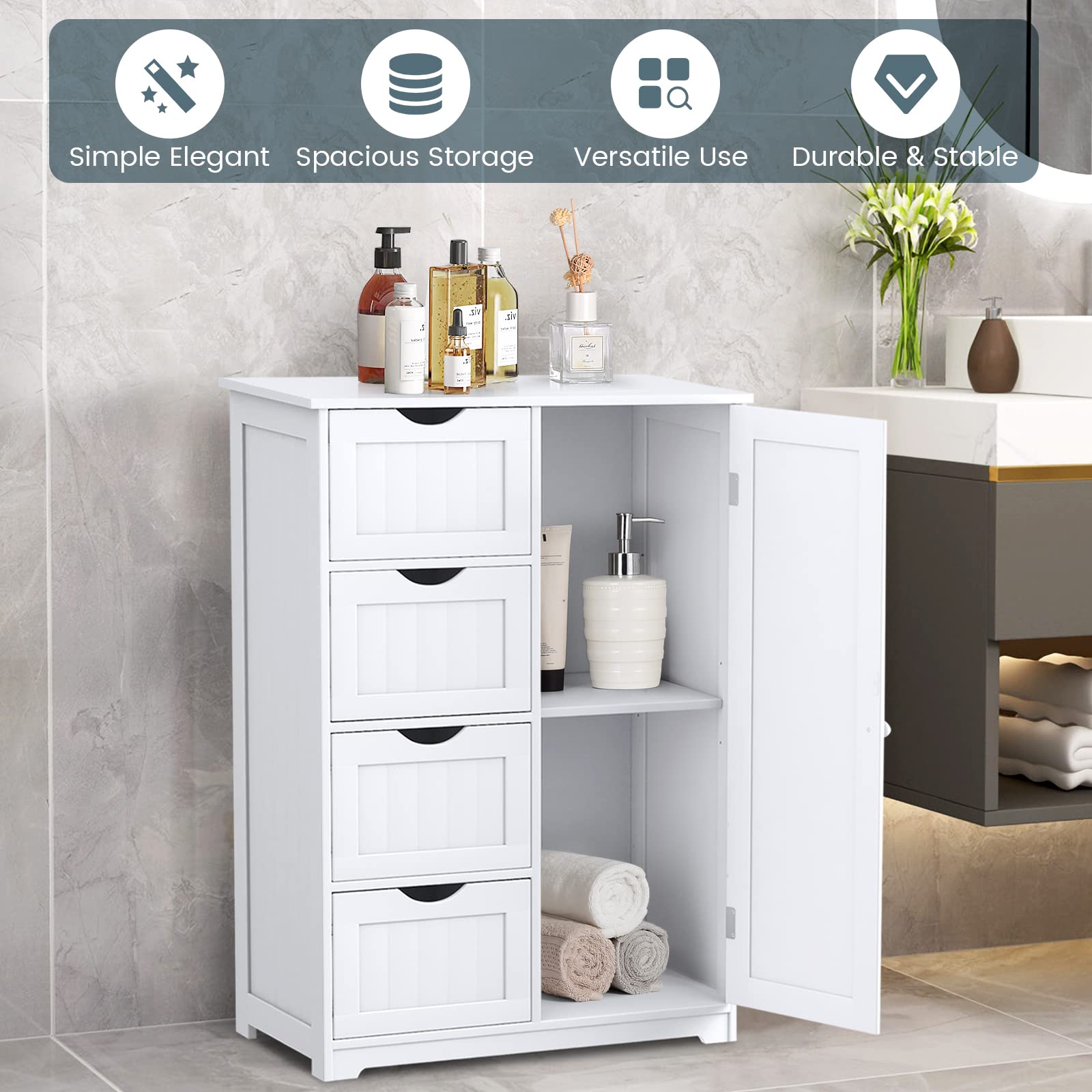 Giantex Bathroom Storage Cabinet with Drawers - 4 Drawer Storage Organizer  w/Cupboard, Adjustable Shelf, Anti-Toppling Device, Entryway Storage Unit