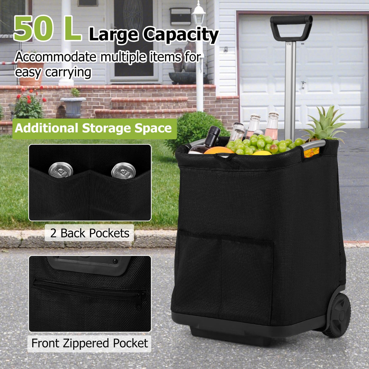 50L Folding Shopping Cart with 3 Pockets and Retractable Handlebar for Grocery