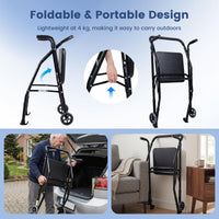 Folding Walker Lightweight Aluminum with 2 Wheels and Padded Seat for Seniors