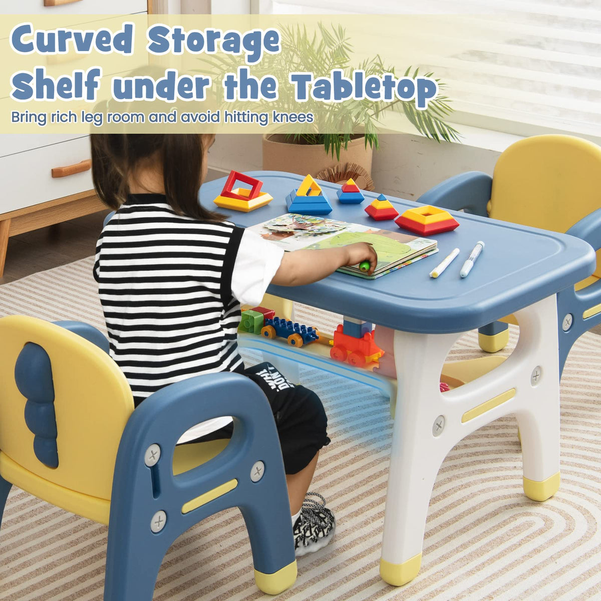 Kids Table and Chairs Set, 3-Piece Activity Table Set for Children w/Curved Storage Shelf for Arts
