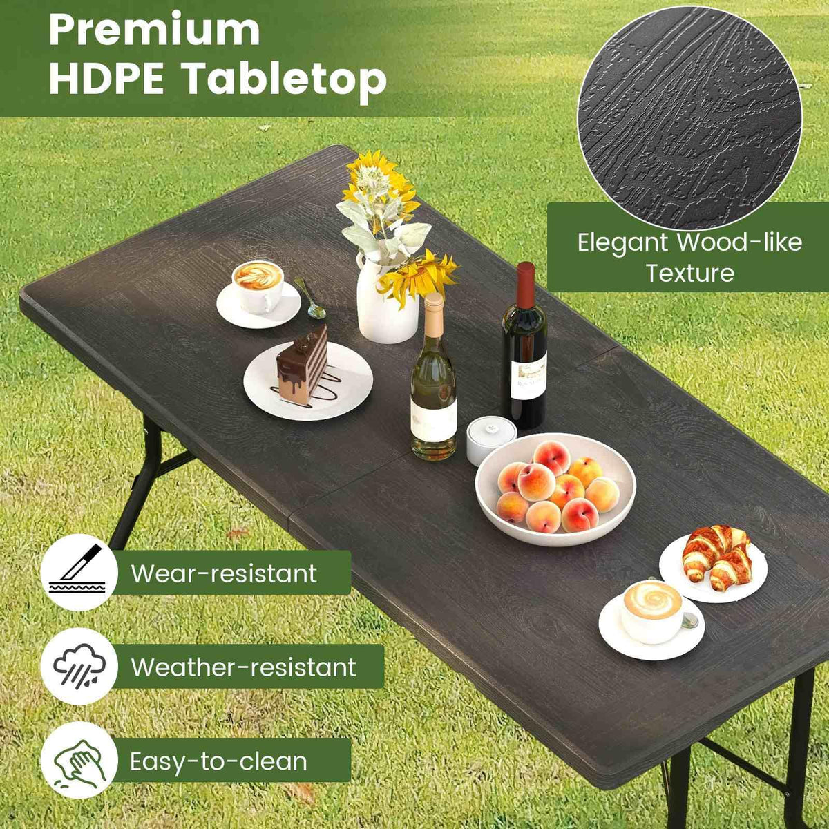 1.5m Folding Picnic Table, Outdoor Dining Table w/Wood Grain HDPE Tabletop