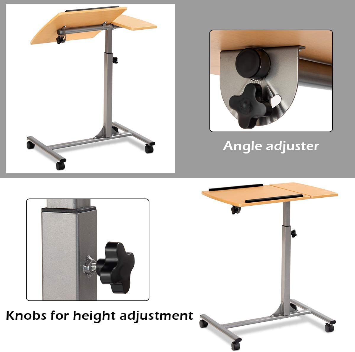 Mobile Laptop Desk, Angle & Height Adjustable Wooden Over Bed Table, Rolling Mobile Stand Desk w/ Lockable Casters