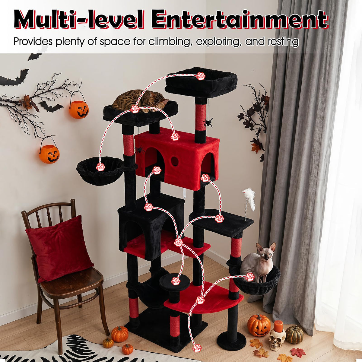 190cm Gothic Cat Tree for Indoor Cats with 2 Plush Perches and 2 Condos for Black Halloween