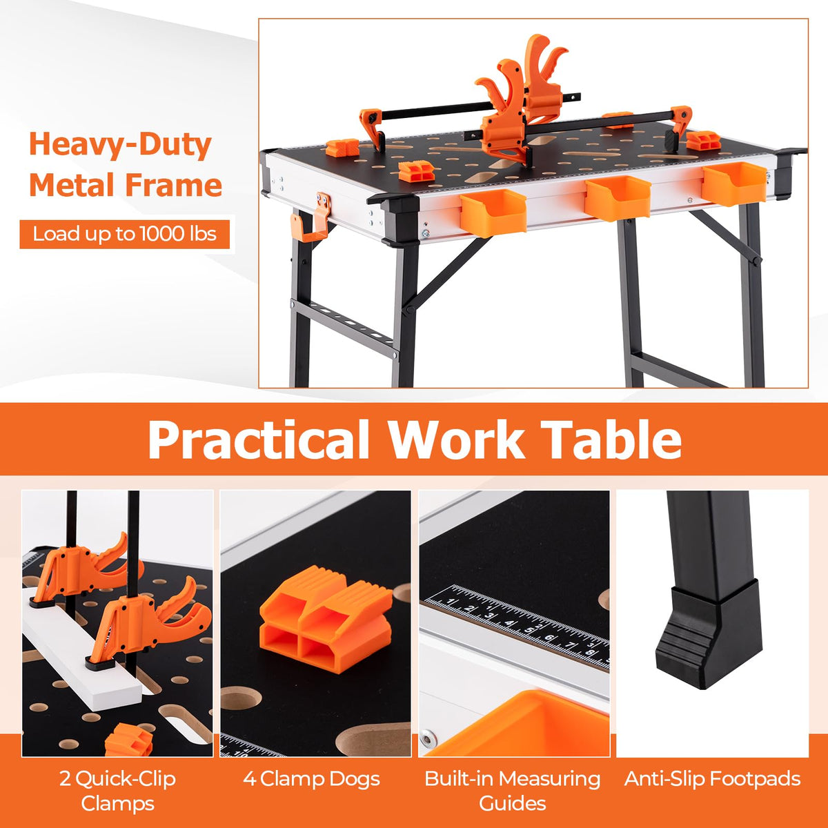 84.5cm Portable Work Table, Folding Workbench w/ 2 Quick Clamps & 4 Clamp Dogs