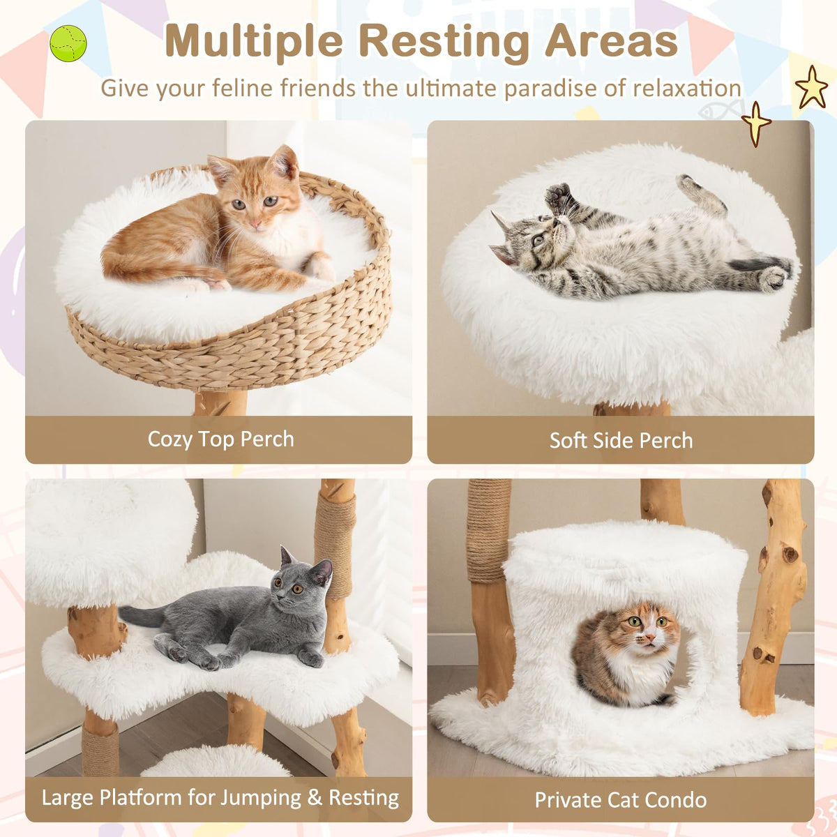 124 CM Tall Wooden Cat Tree, Solid Wood Cat Tower