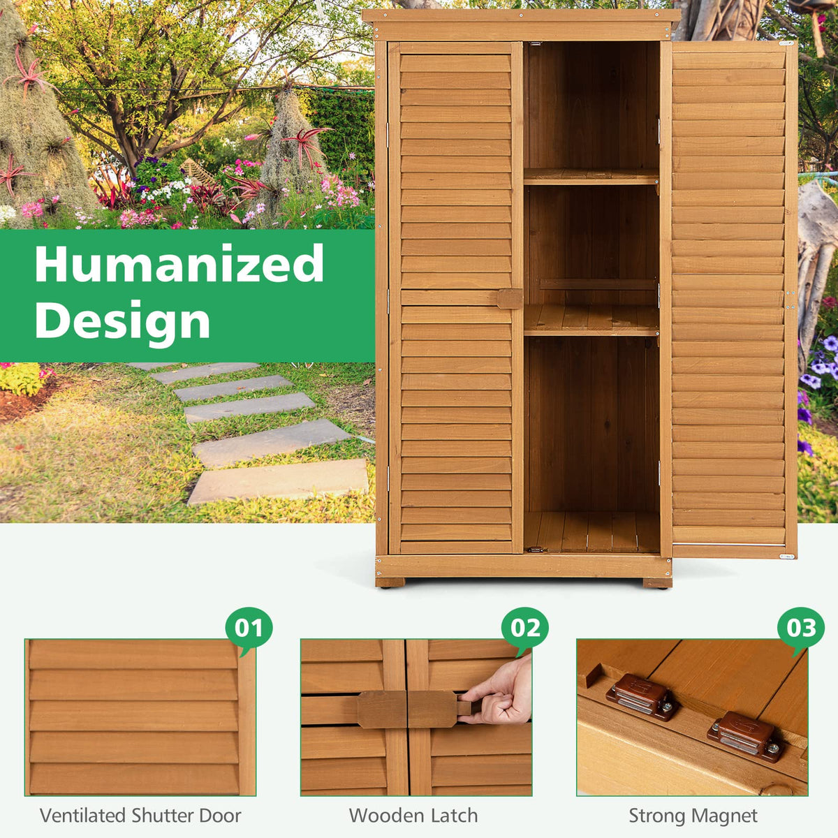 1.6M Outdoor Wooden Storage Shed Solid Wood Garden Tool Cabinet