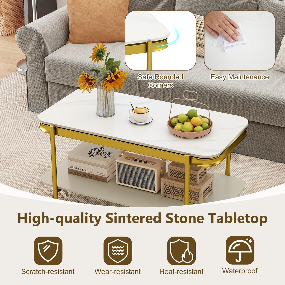 Modern Rectangular Coffee Table with Sintered Stone Top & Storage Shelf for Indoor